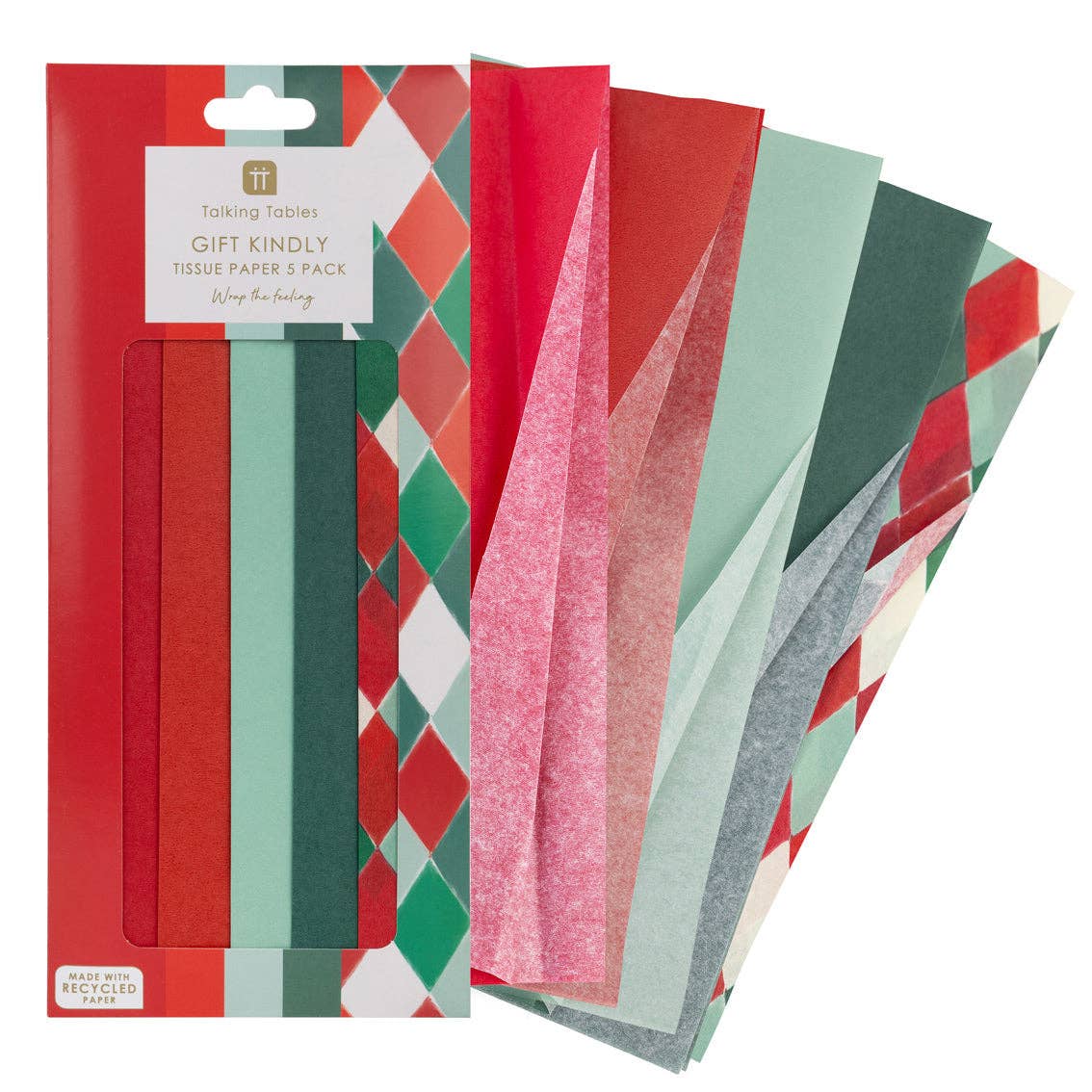 Tissue paper set pack with red, mint, gray sheets and diamond harlequin pattern