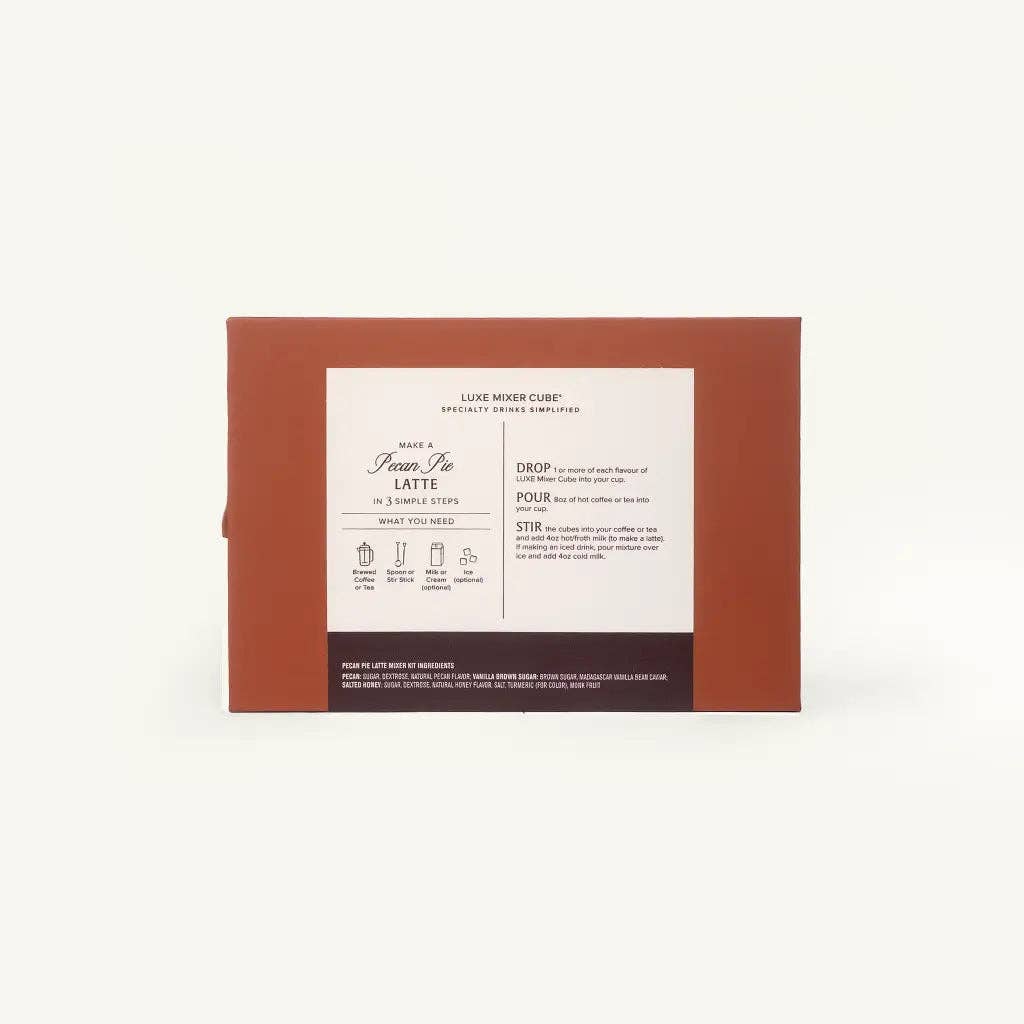 Pecan pie latte mixer cube gift box back with step-by-step mixing instructions