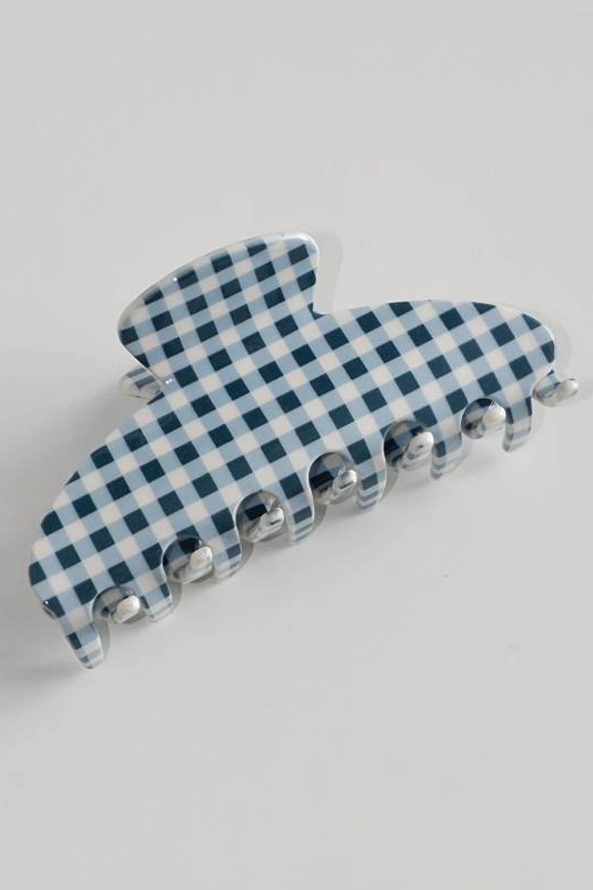 Jumbo oval plaid hair claw clip, blue-and-white check pattern