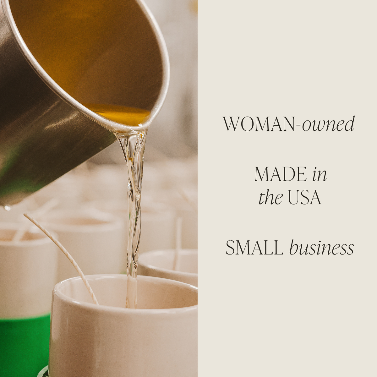 Pouring warm wax into a jar beside a green soy candle container