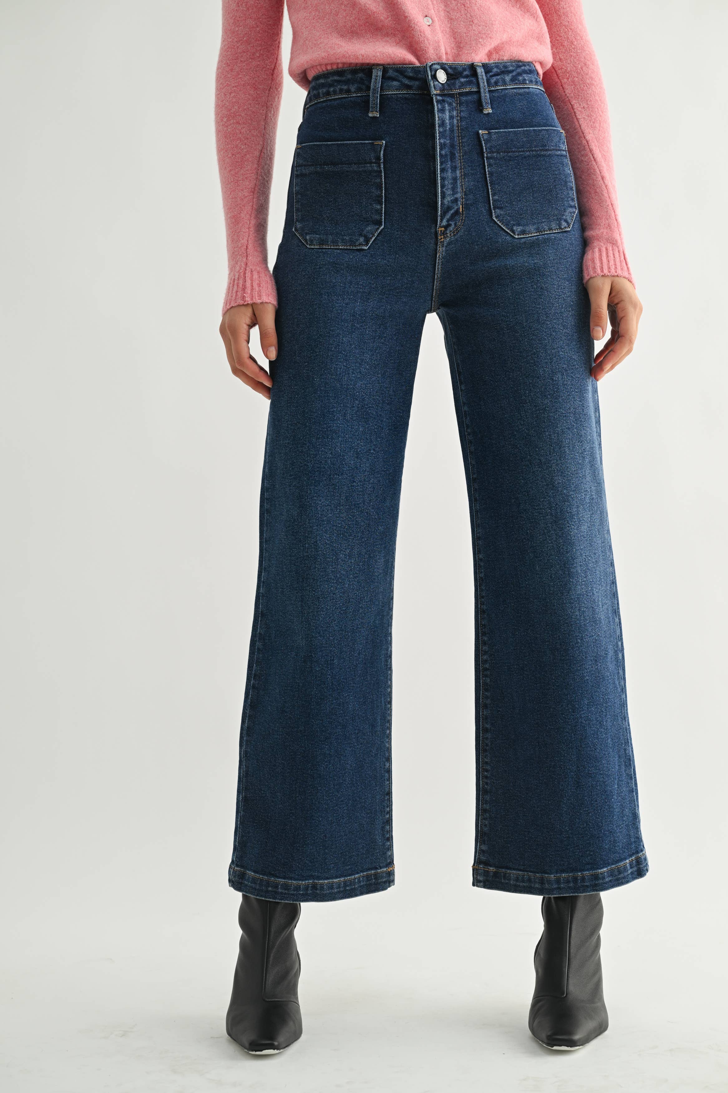 Patch Pocket Wide Leg Denim - Dark
