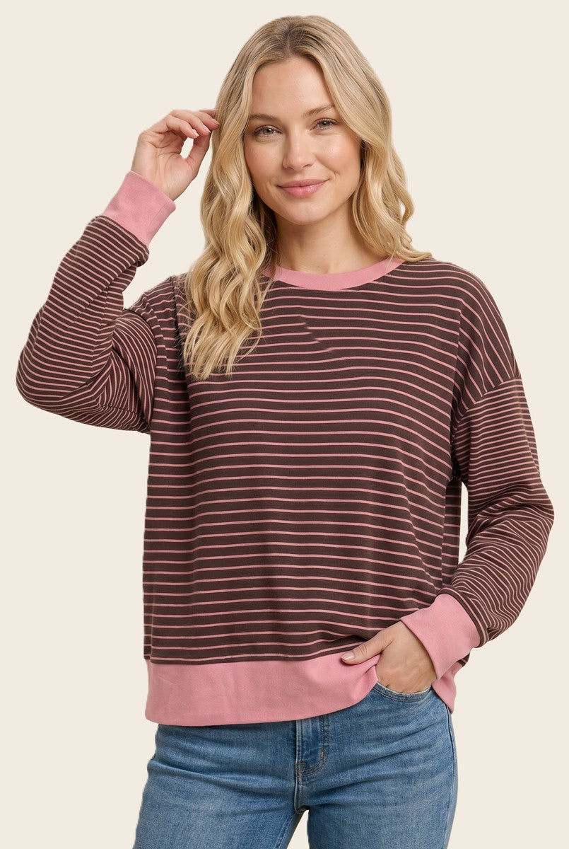 Striped long-sleeve sweatshirt in burgundy with thin light stripes and pink crew neck