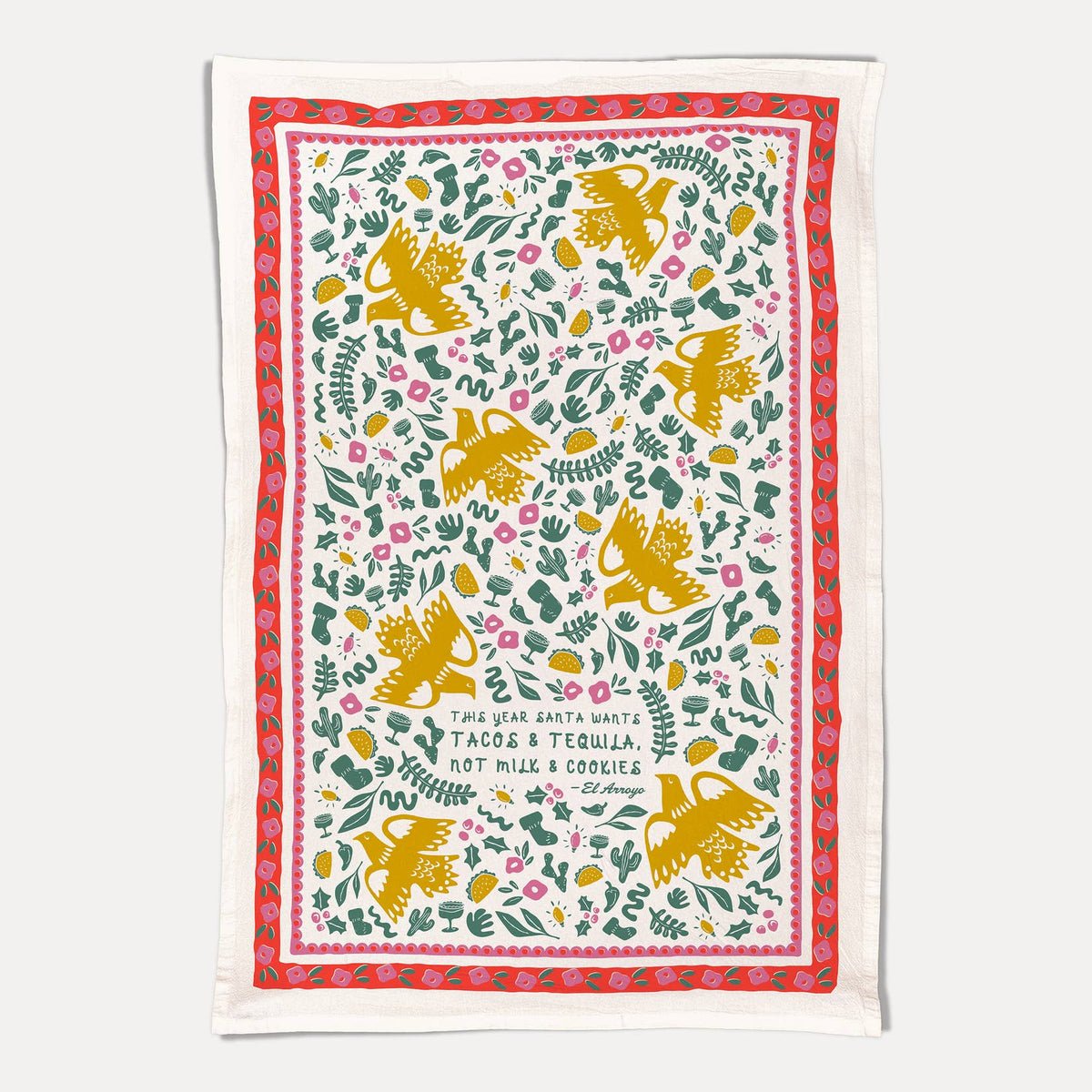 Kitchen towel with colorful dinosaur and leaf print, coral border, text design