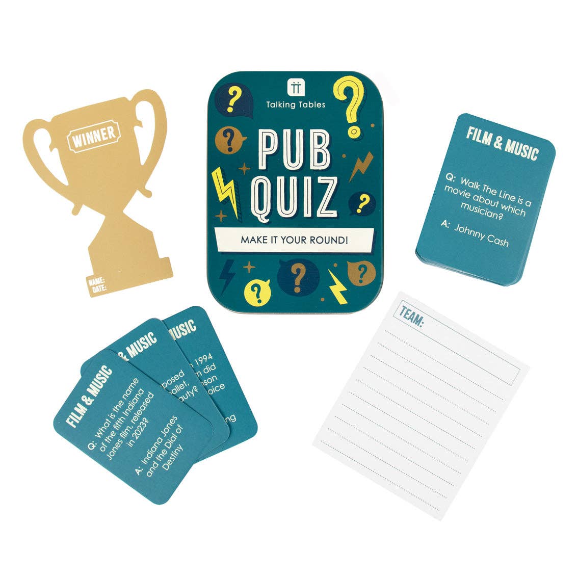 Pub Quiz talking game cards with question prompts and blank answer sheet