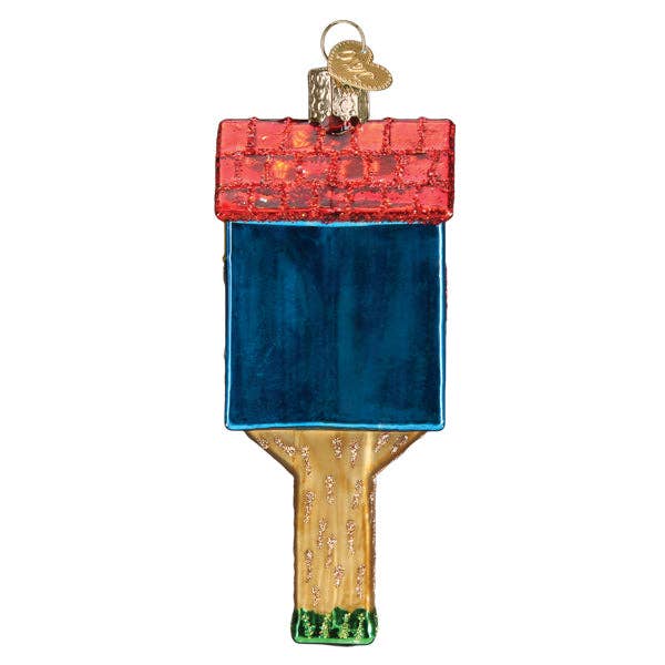 Hanging ornament with red top frame, dark blue front panel, and gold post