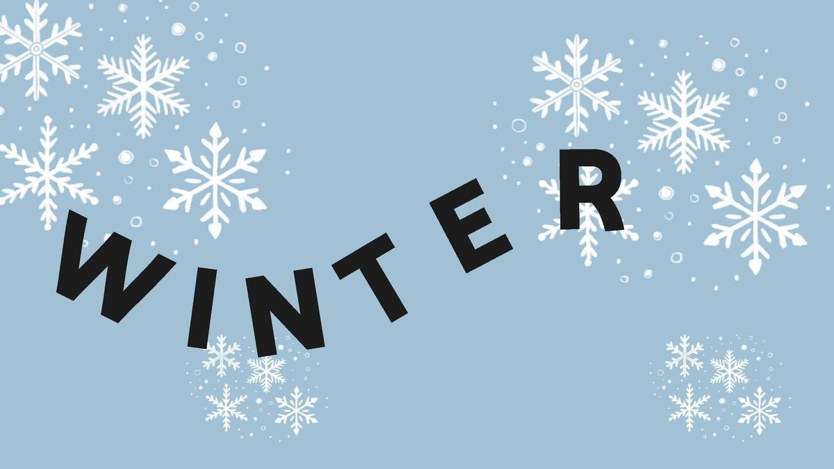 Winter banner with snowflakes and large dark lettering on blue background