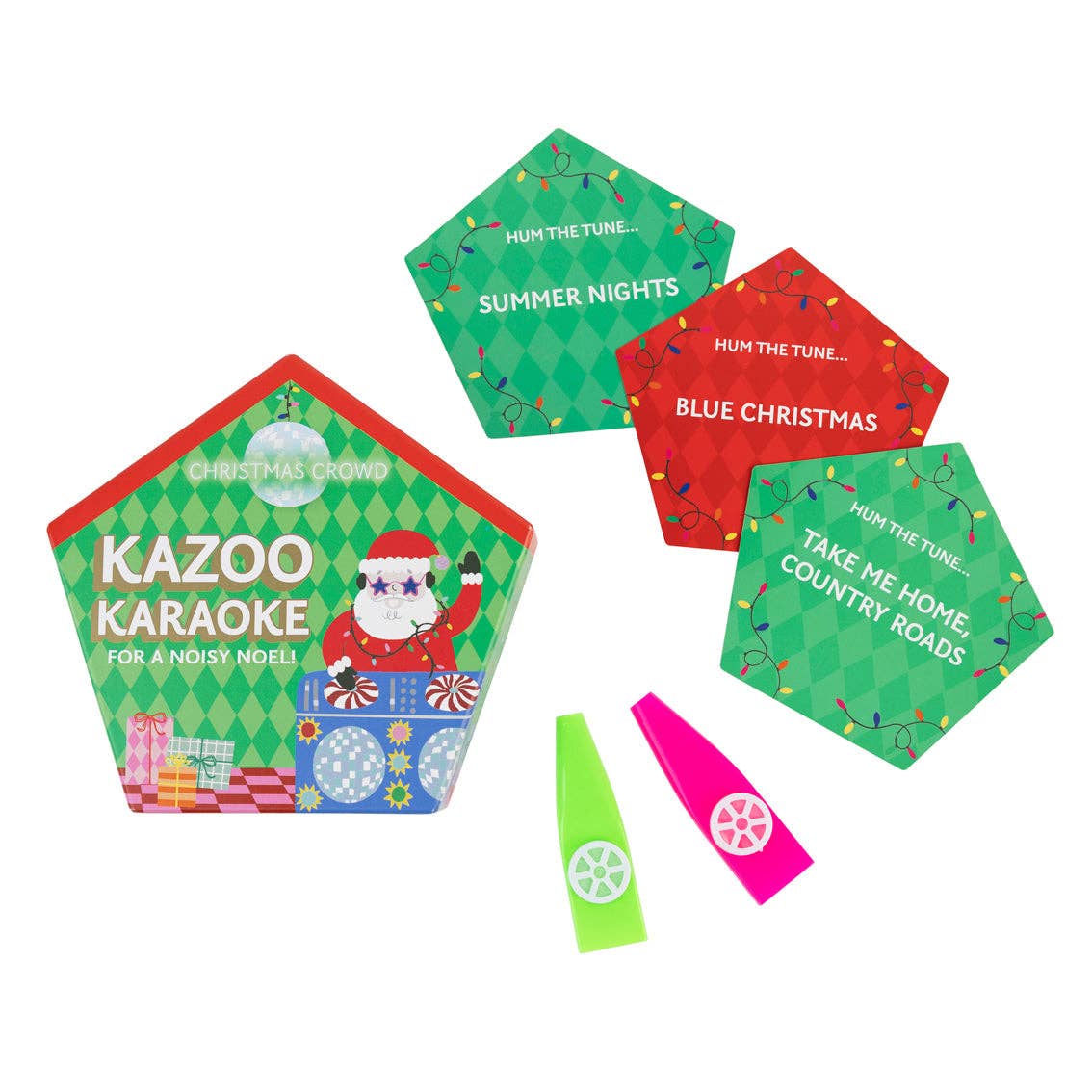 Karaoke game cards and kazoos with colorful themed designs