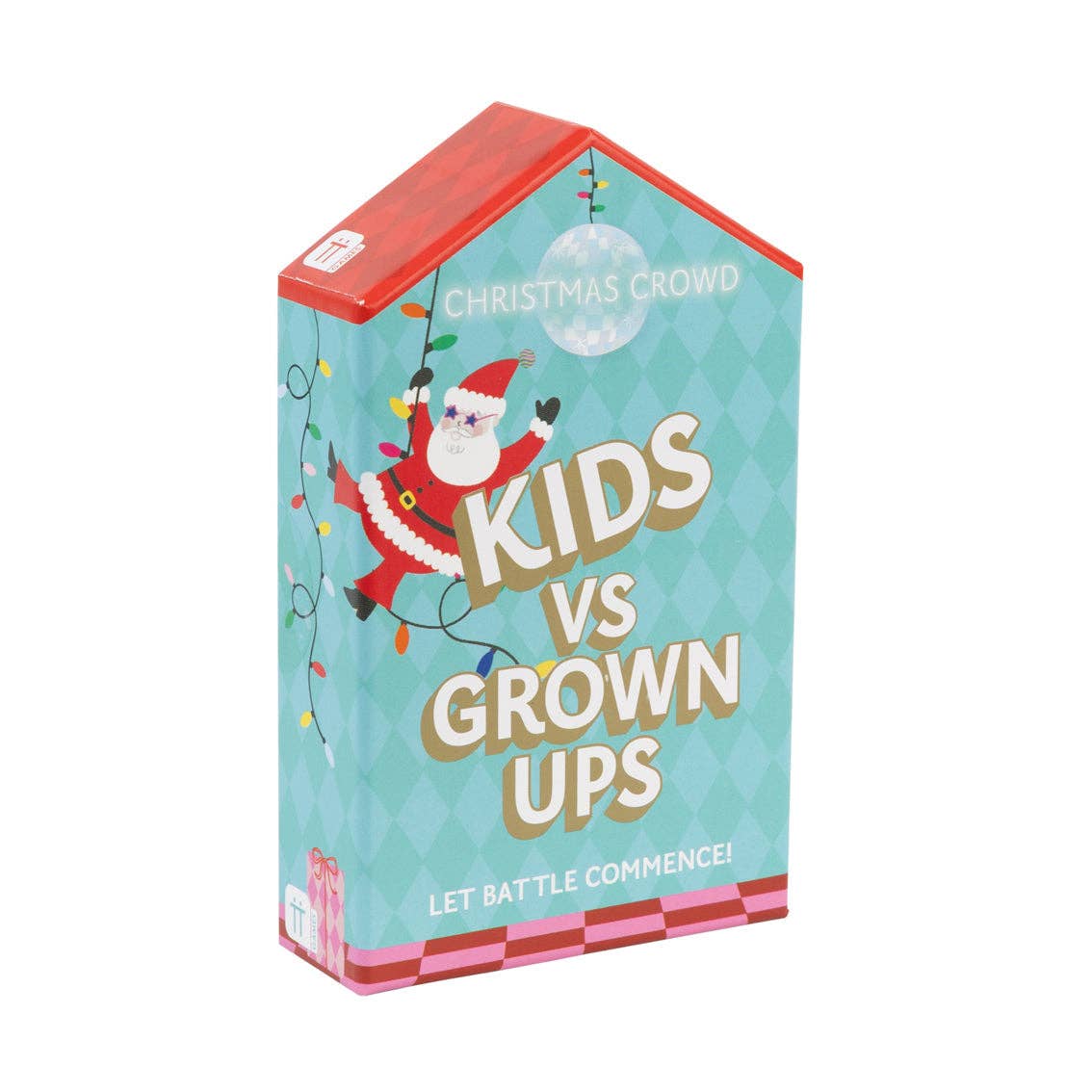 Kids vs Grown-Ups Santa game box, teal house front with red roof
