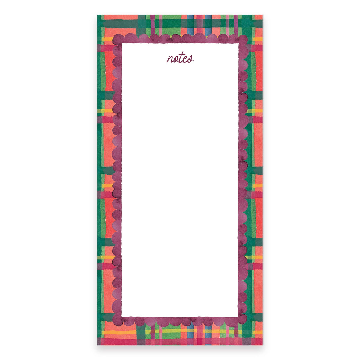 Plaid notepad showing 'notes' label on white pages, multicolor frame design