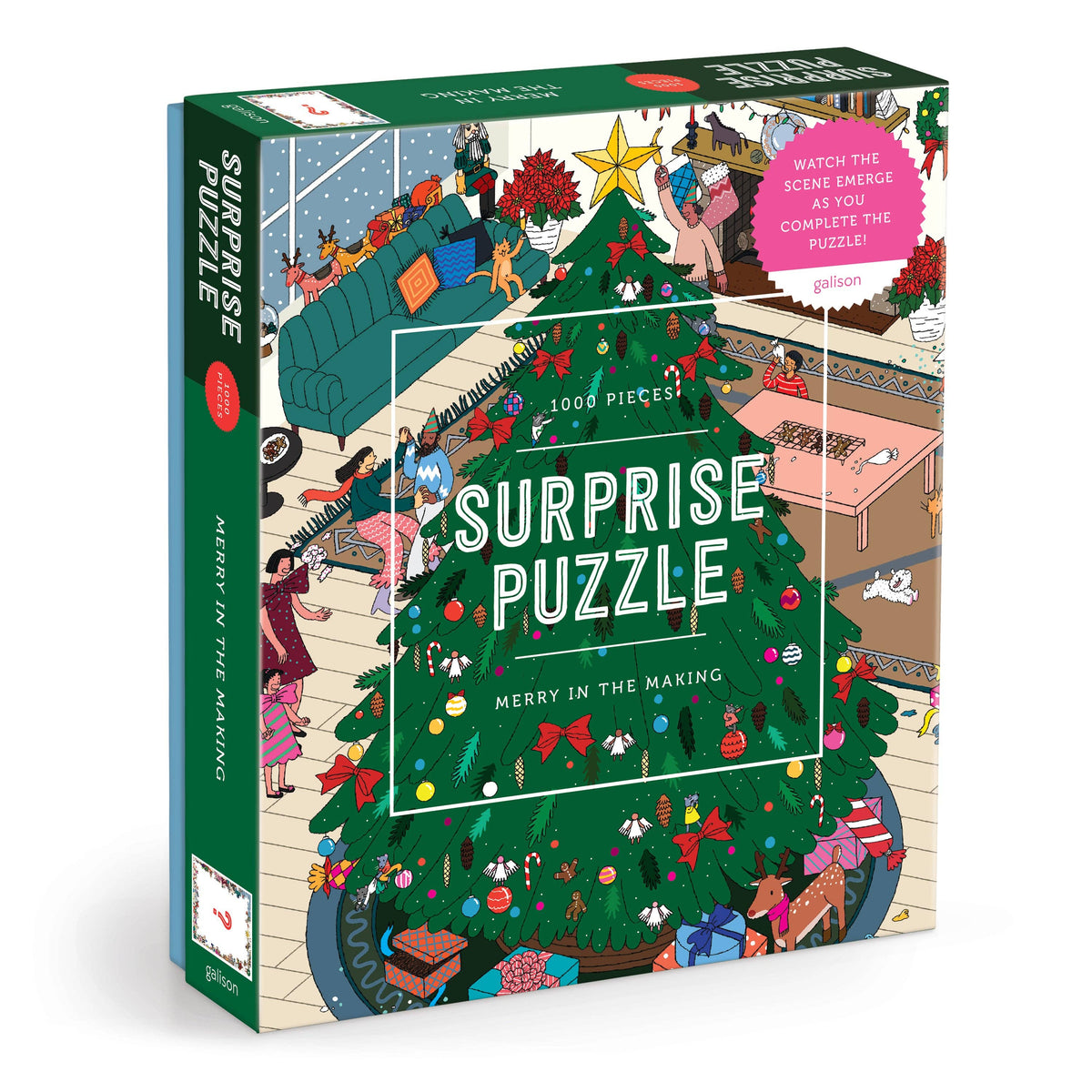 Surprise jigsaw puzzle box with illustrated festive scene and “1000 pieces” text