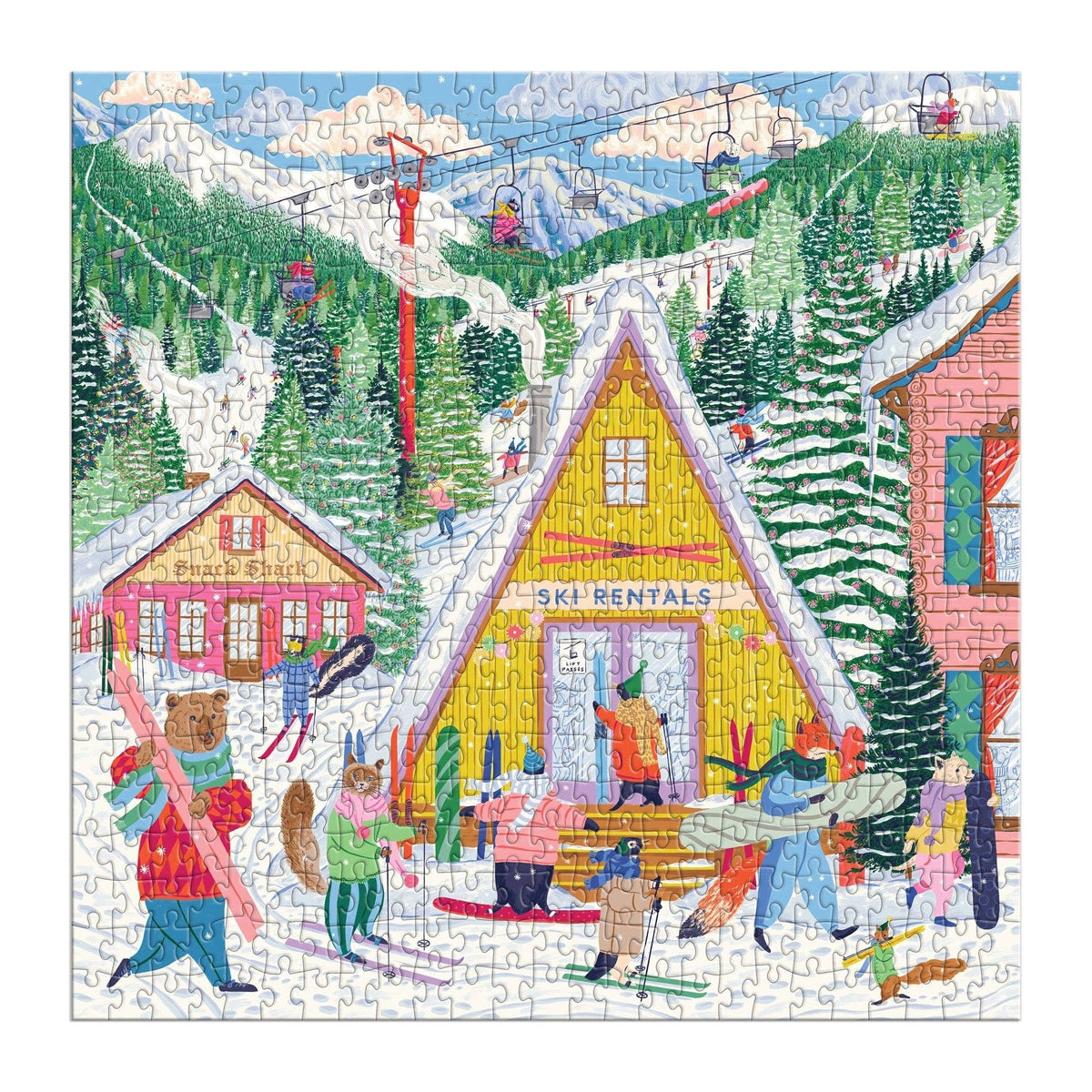 Ski village 500-piece jigsaw puzzle panel with shed, pine trees, and ski lodge