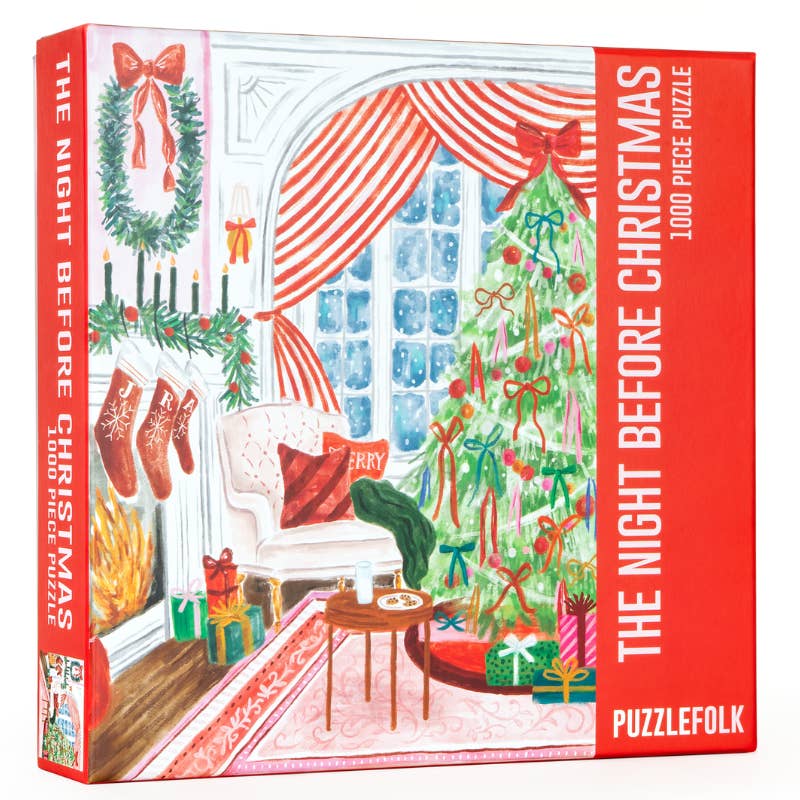 Christmas jigsaw puzzle box featuring a window with striped curtains and gift presents