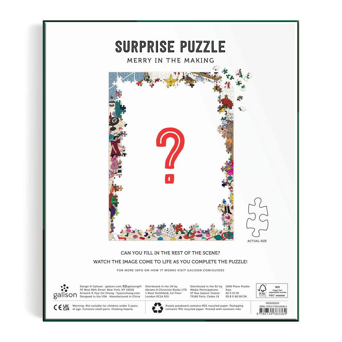 Surprise jigsaw puzzle back panel with red question mark, actual size, and border pieces