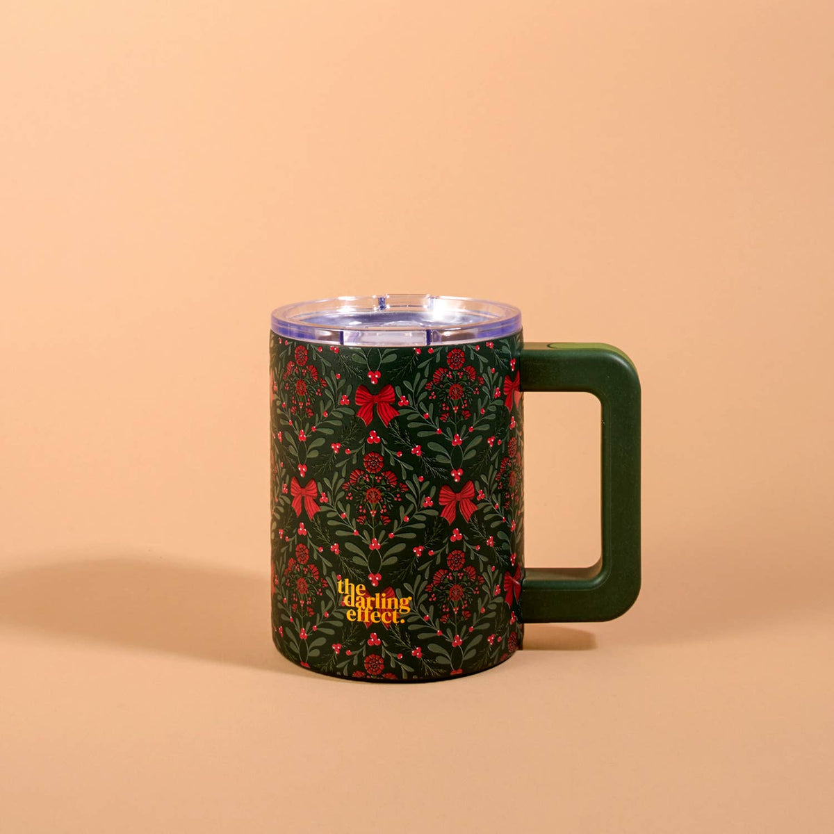 14 oz insulated mug with green body, red floral pattern, clear lid