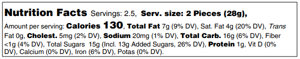 Nutrition facts panel for assorted autumn pie truffles, serving size 2 pieces (28 g)