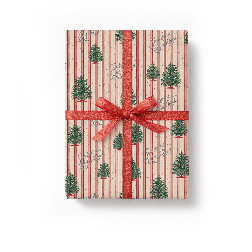 Christmas gift wrap roll with red striped pattern, green tree motifs, and ribbon bow