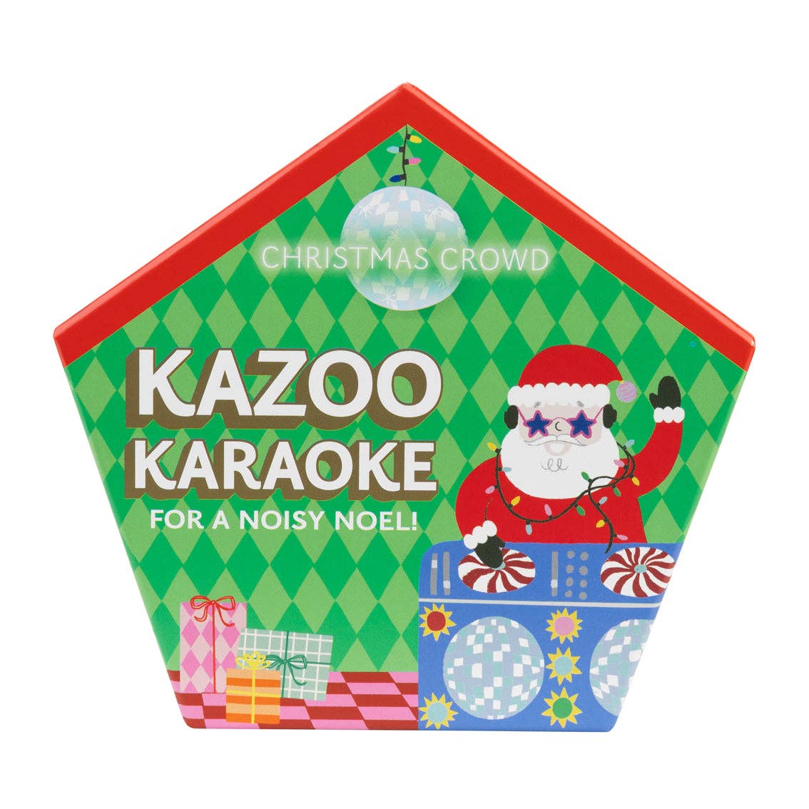 Close view of Christmas karaoke game house box with Kazoo Karaoke and character art