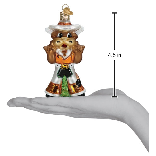 Texas Bevo longhorn ornament held in hand for size, 4.5 in tall