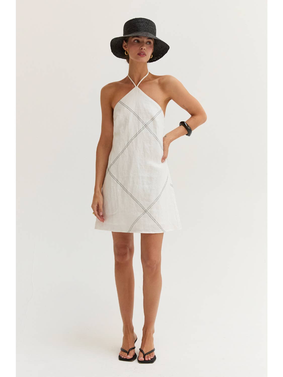 Lena Linen Contrast Stitch Halter Mini Dress