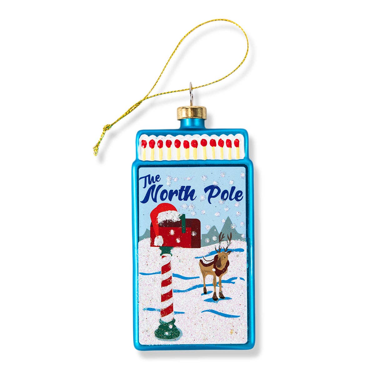 Blue matchbook ornament with gold loop and "The North Pole" illustration