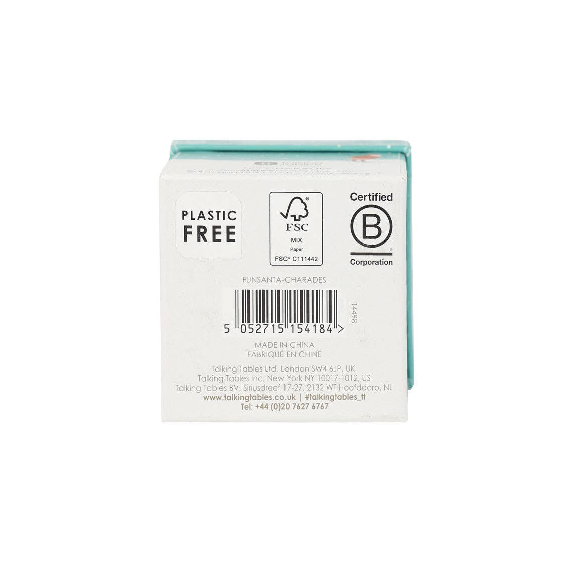 Back of Christmas charades game box with plastic-free and certification labels.
