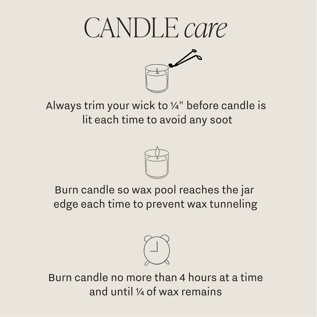 Candle care instructions graphic with wick trimming and burn-time guidance