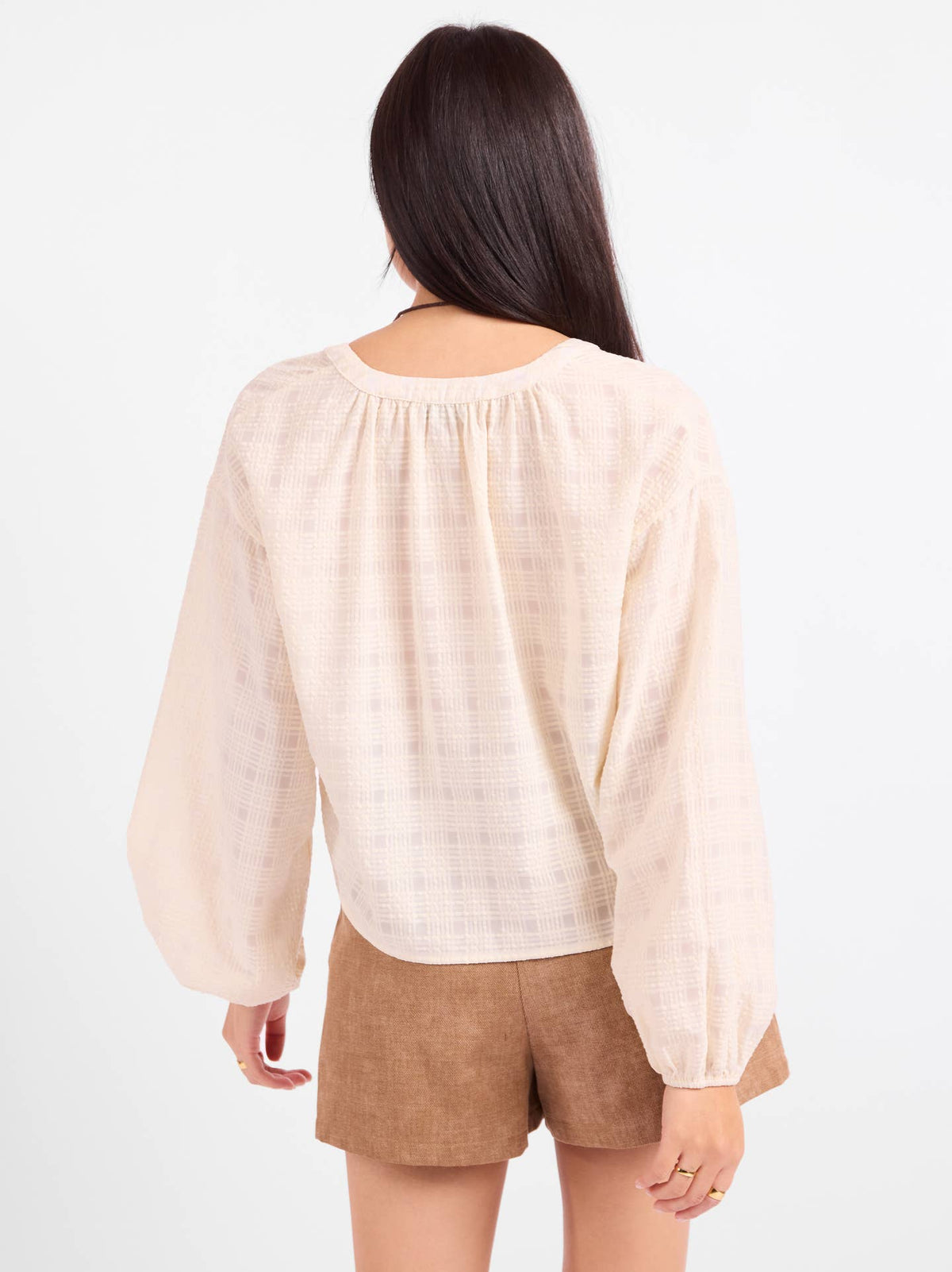 Light beige gauze blouse, scooped back with keyhole and long puff sleeves