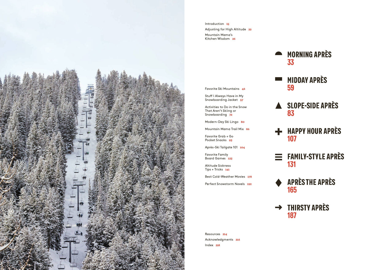 Cookbook page with snowy forest scene and recipe index list