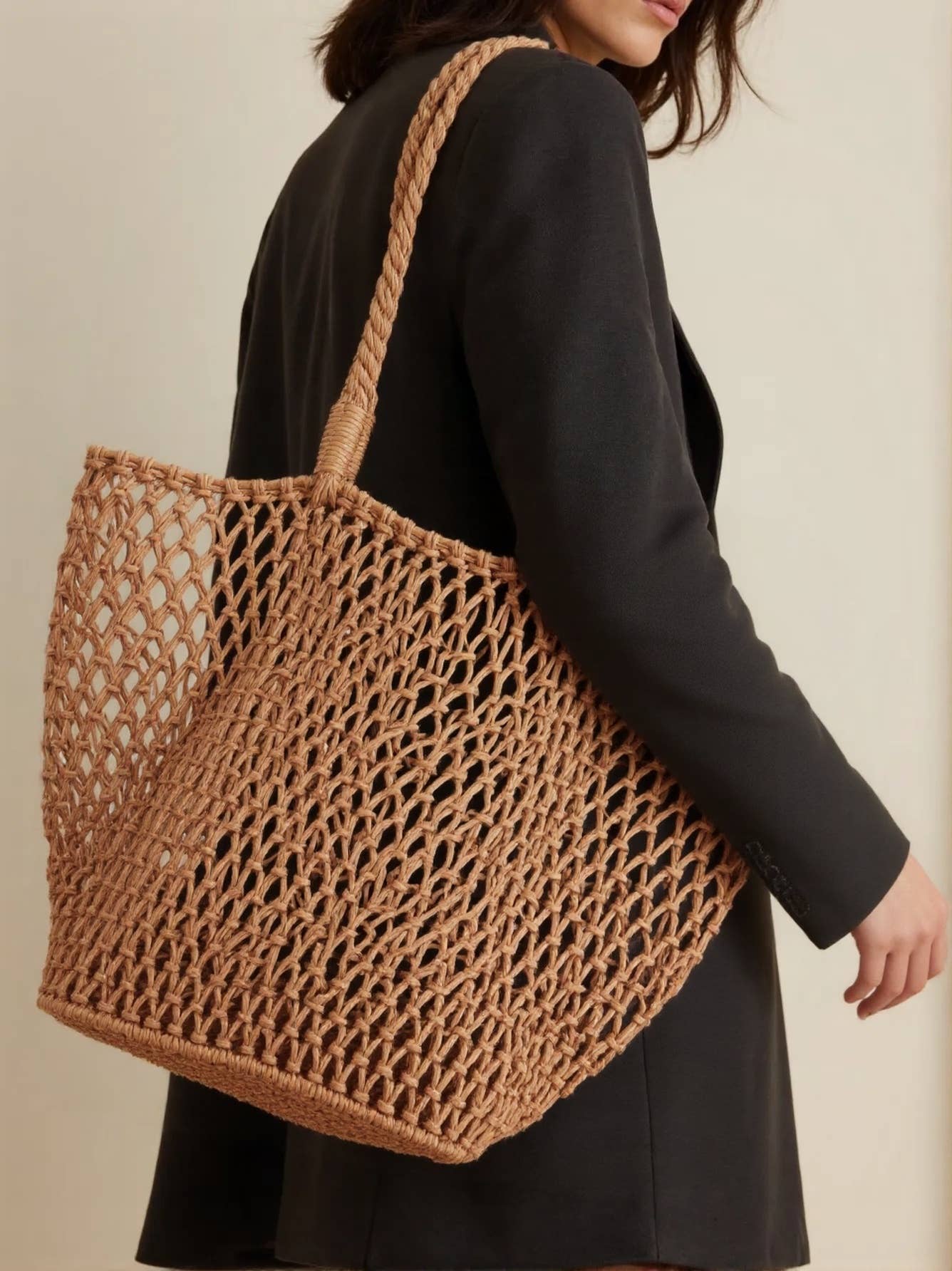 Woven Shoulder Beach Bag - Khaki
