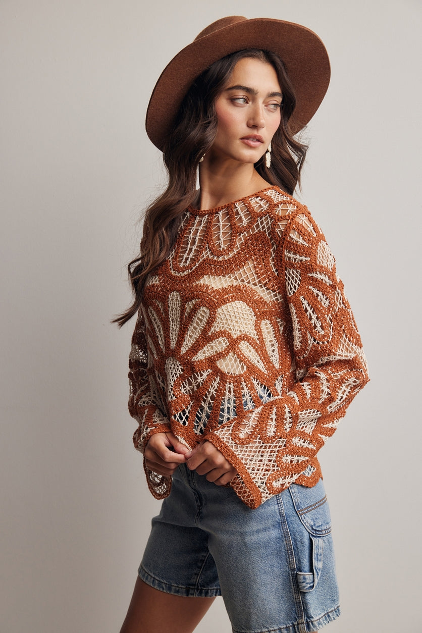 Pumpkin Spice Crochet Floral Sweater