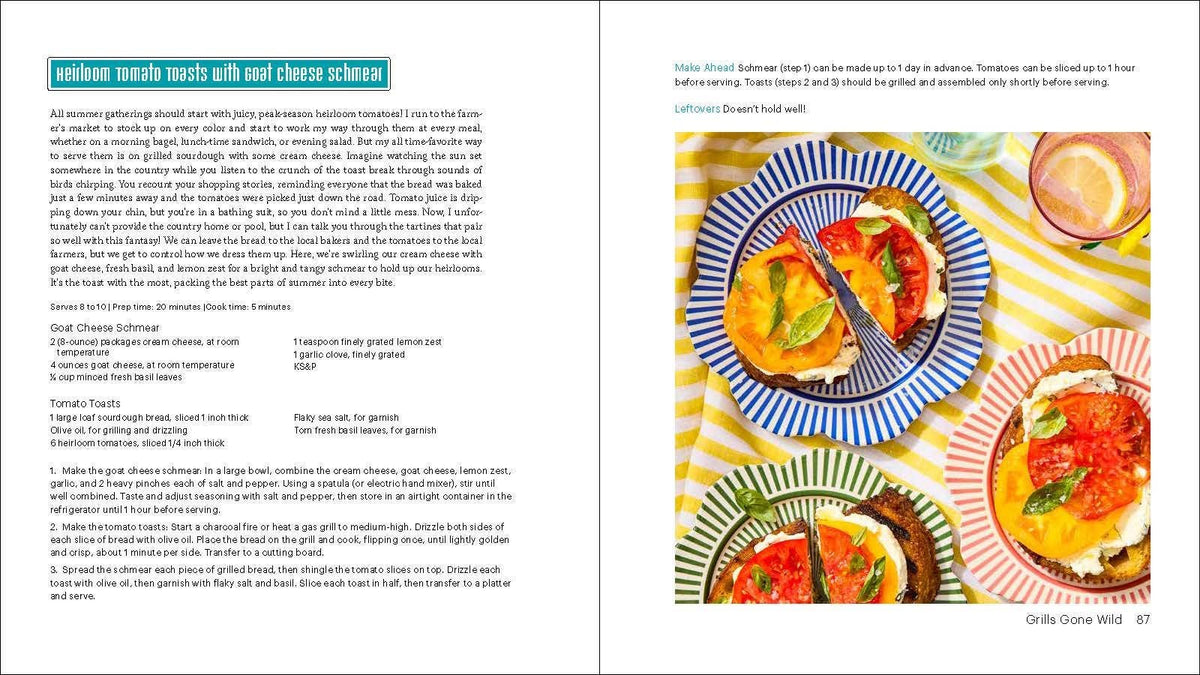 Cookbook spread about cheesy dishes with plated food and citrus drink photos.