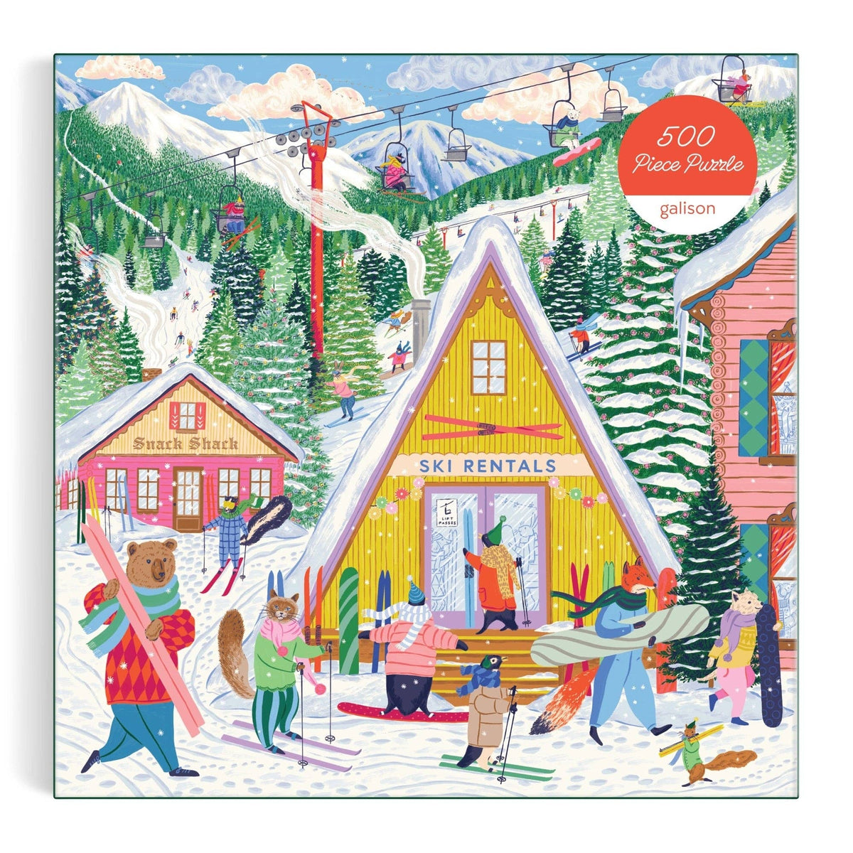Ski village 500-piece jigsaw puzzle featuring ski rentals building and bundled people