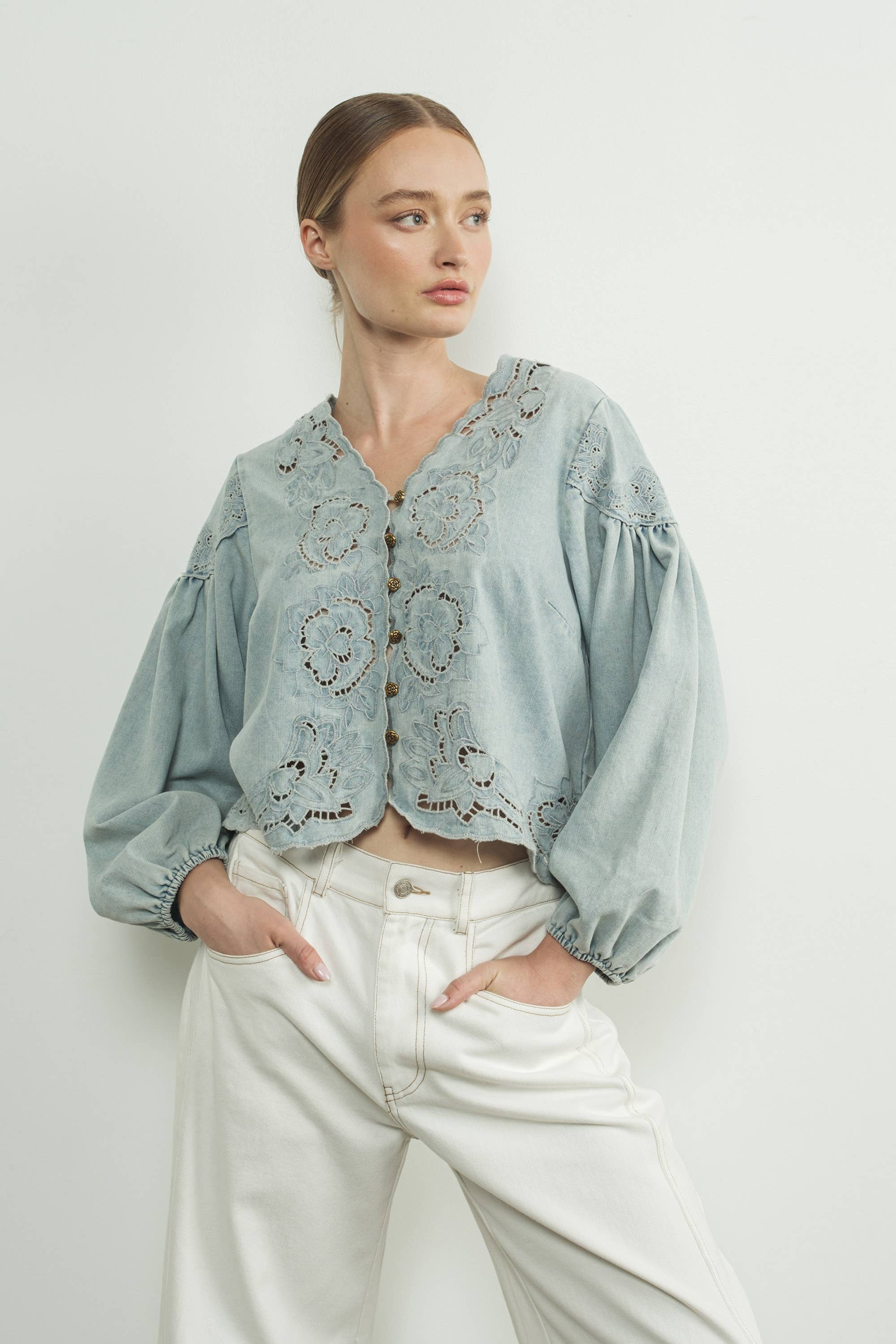 When In Rome Embroidered Blouse - Denim