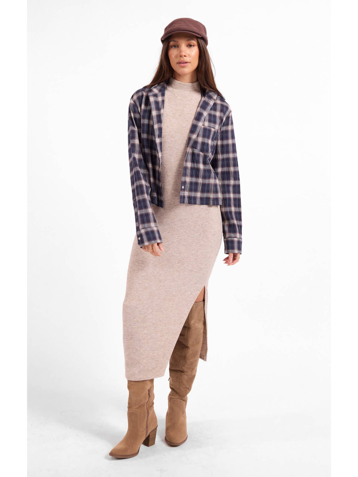 Navy and tan plaid button-up shirt with open front and long sleeves