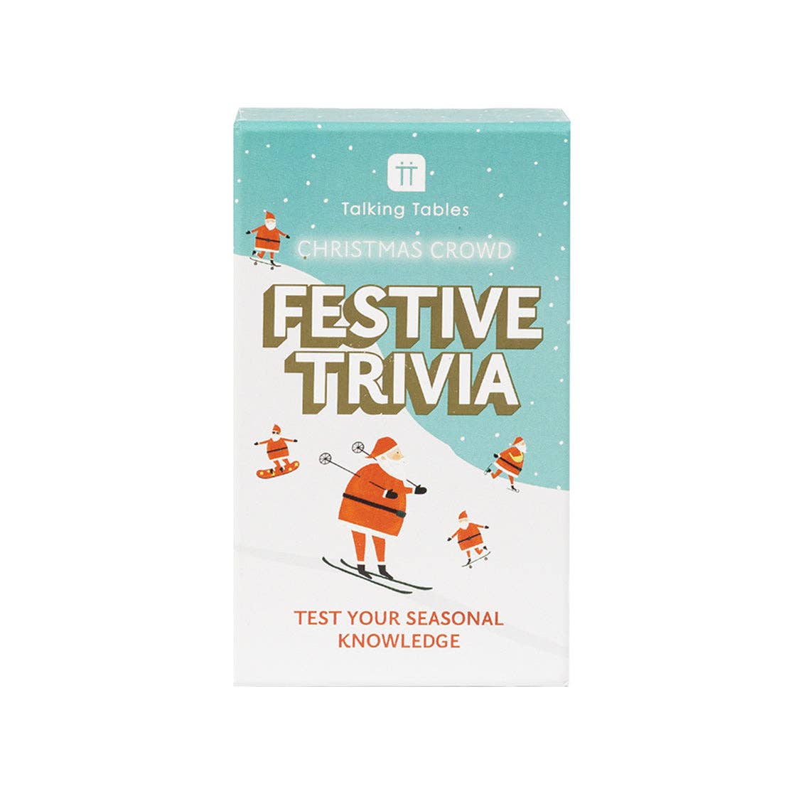 Festive trivia game box with teal cover, “Festive Trivia” text and holiday character artwork