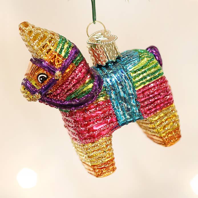Piñata ornament with glittery multicolor striped horse design and hanging loop