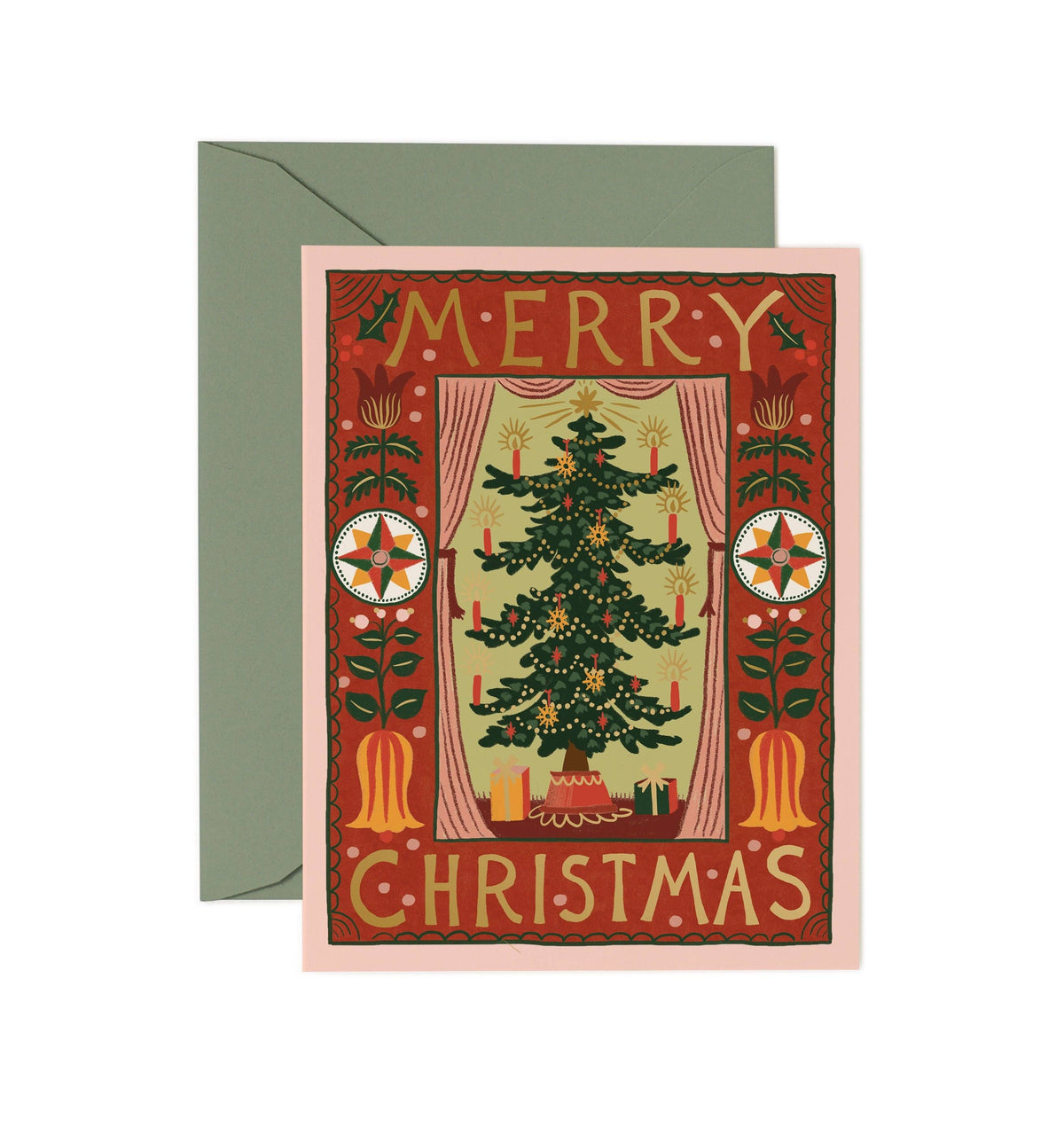 Folk Christmas tree card with Merry Christmas text and illustrated evergreen tree