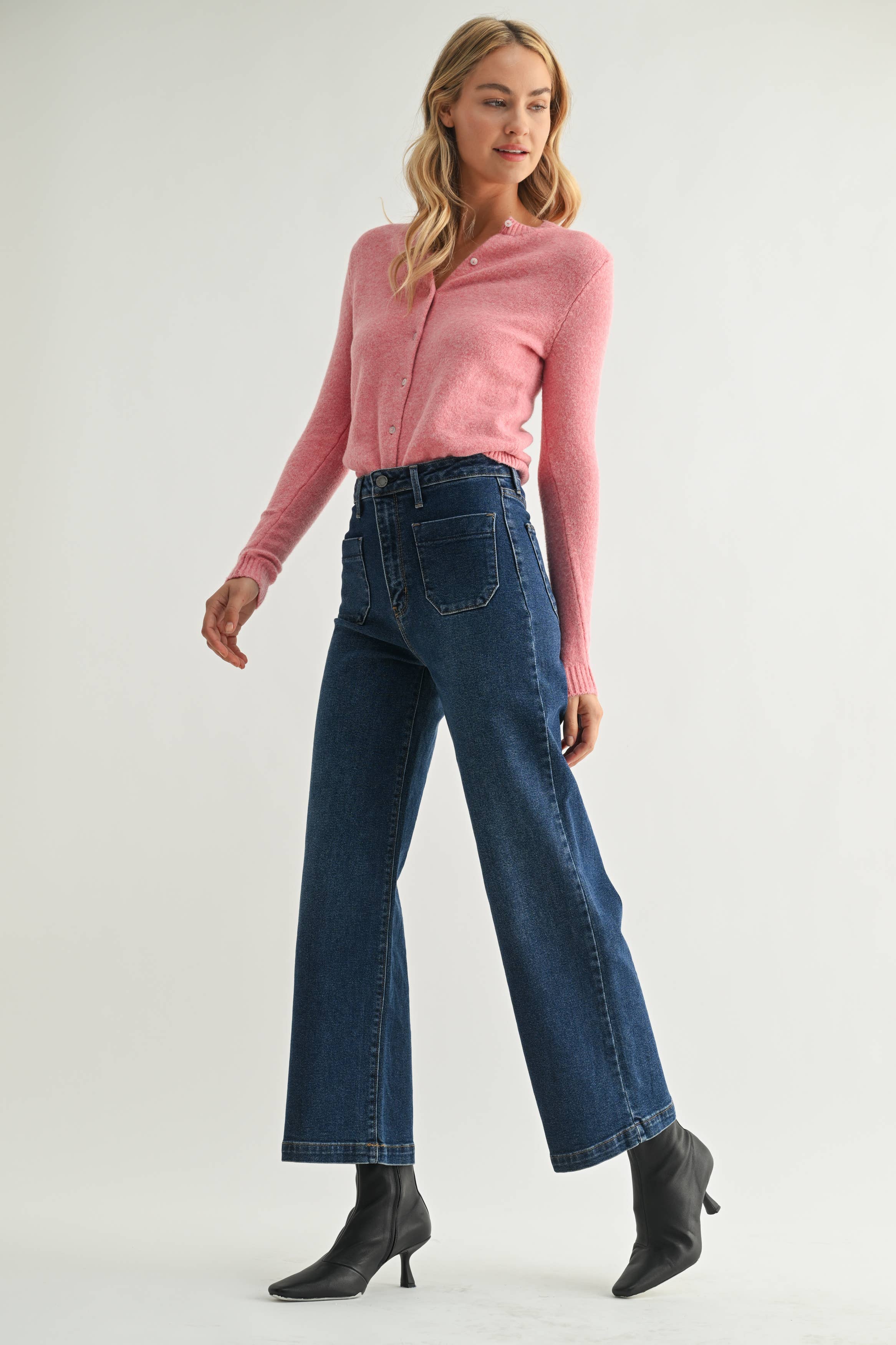 Patch Pocket Wide Leg Denim - Dark
