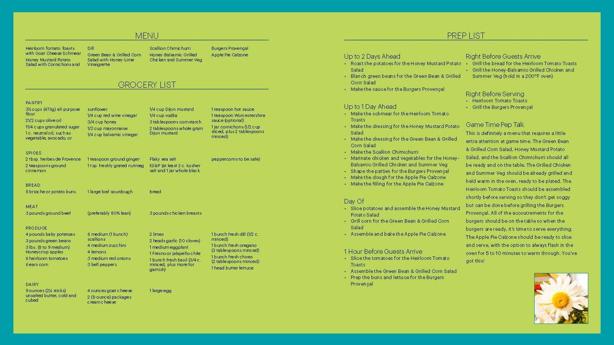 Cookbook green page with menu and prep lists, including multiple time slots.
