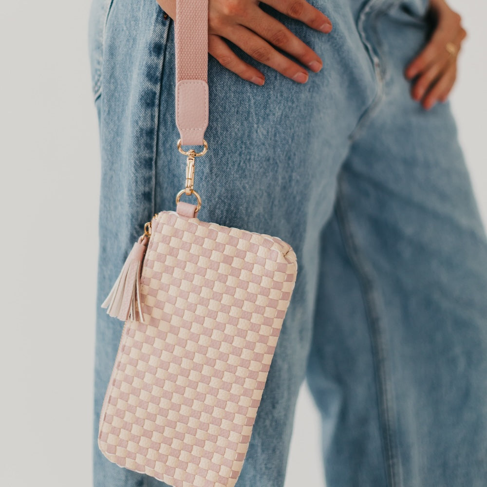 Emma Woven Clutch Wristlet - Checkered Blush