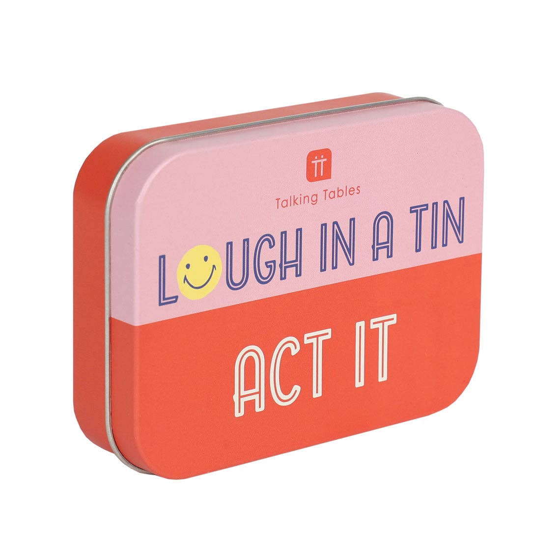 Orange card game tin labeled Act It with Laugh in a Tin logo