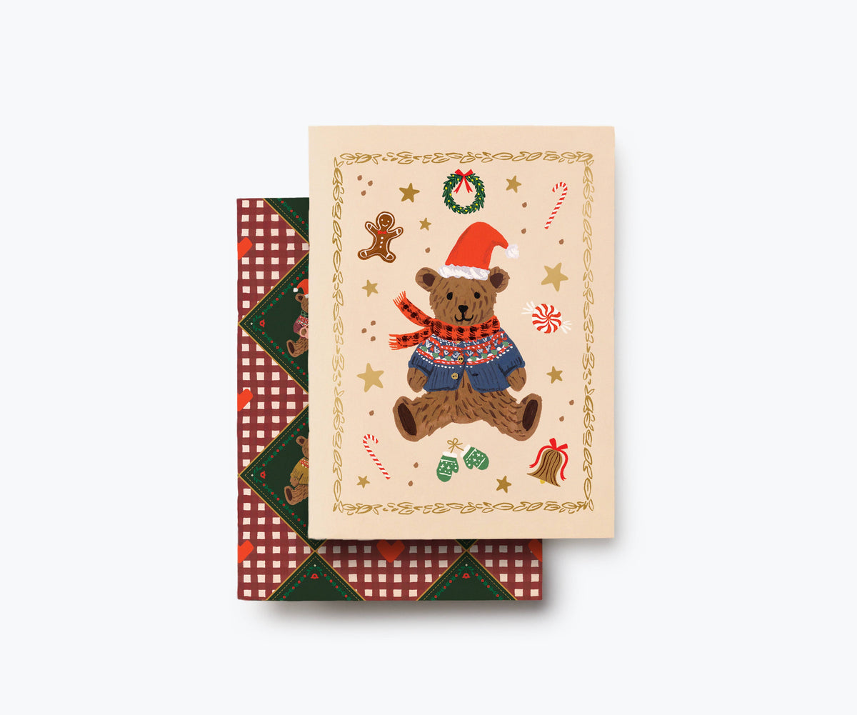 Two beary Christmas pocket notebooks; cream covers with bear in Santa hat