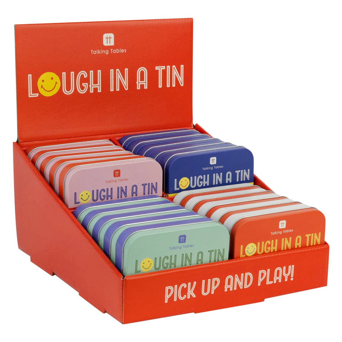 Travel card game tin display in red box with multiple Laugh in a Tin tins