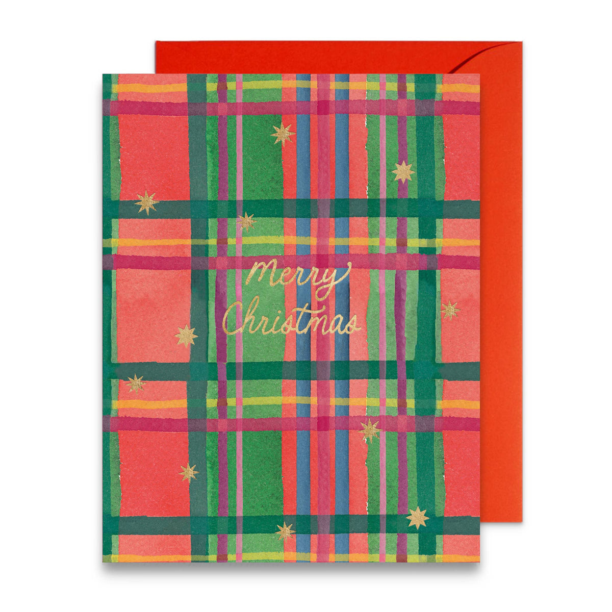 Plaid Christmas greeting card with red, green, and gold check pattern and star accents
