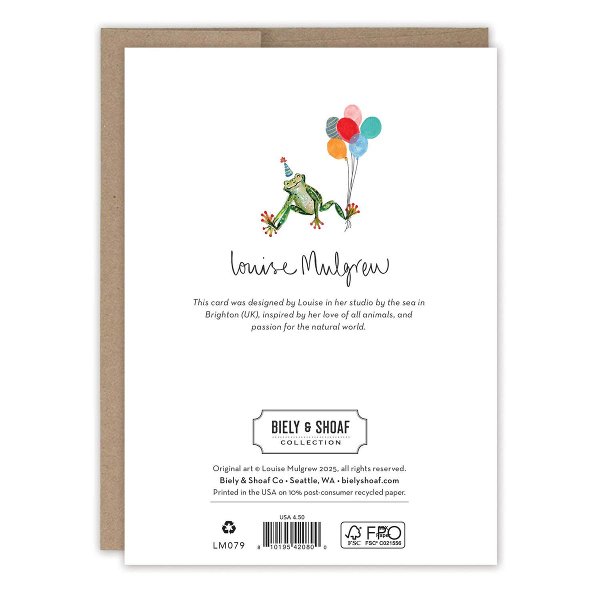 Birthday card with frog holding balloons, "Louise Mulgrew" signature and brand mark