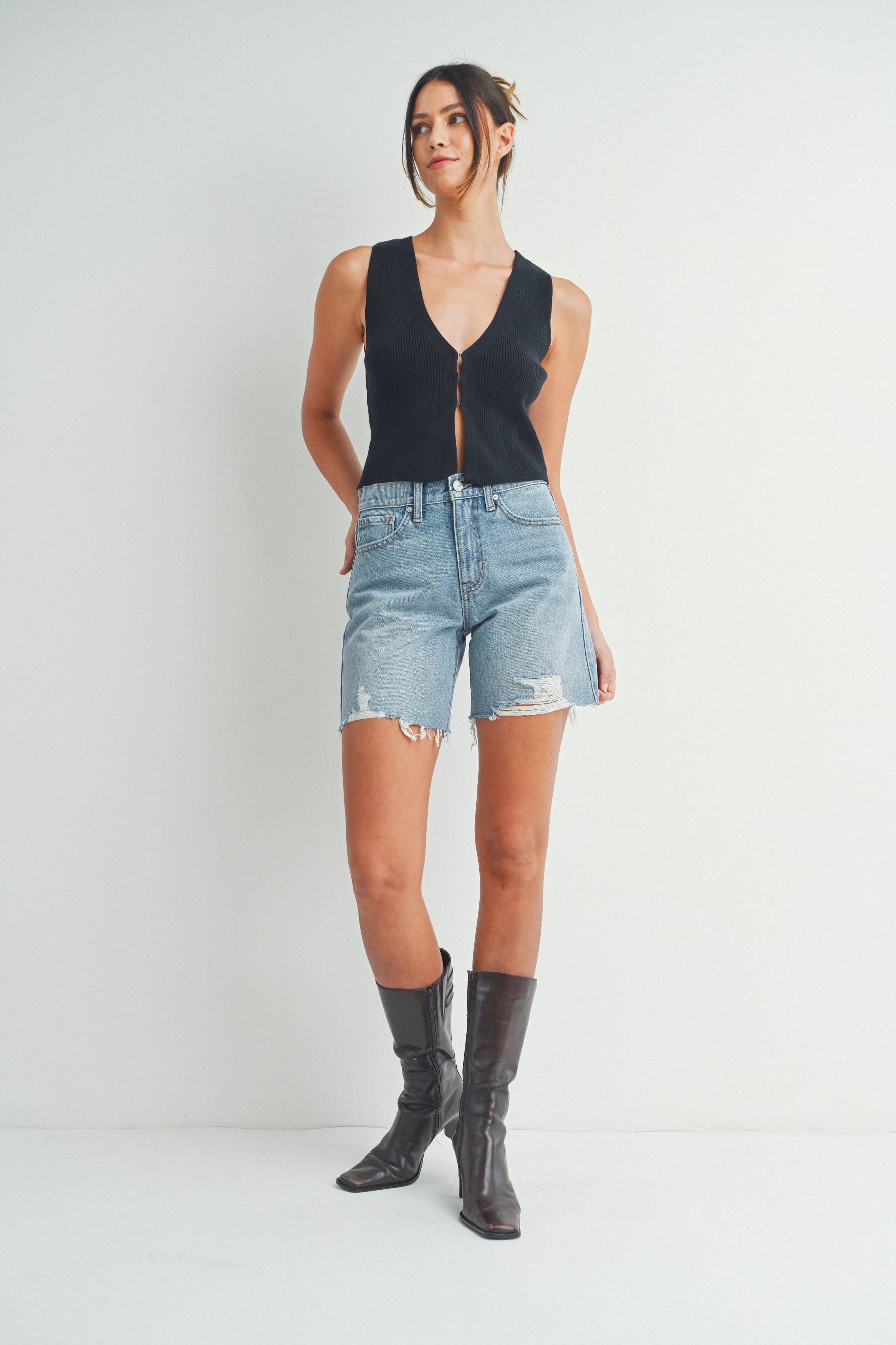 Slightly Distressed Walking Short - Light Denim