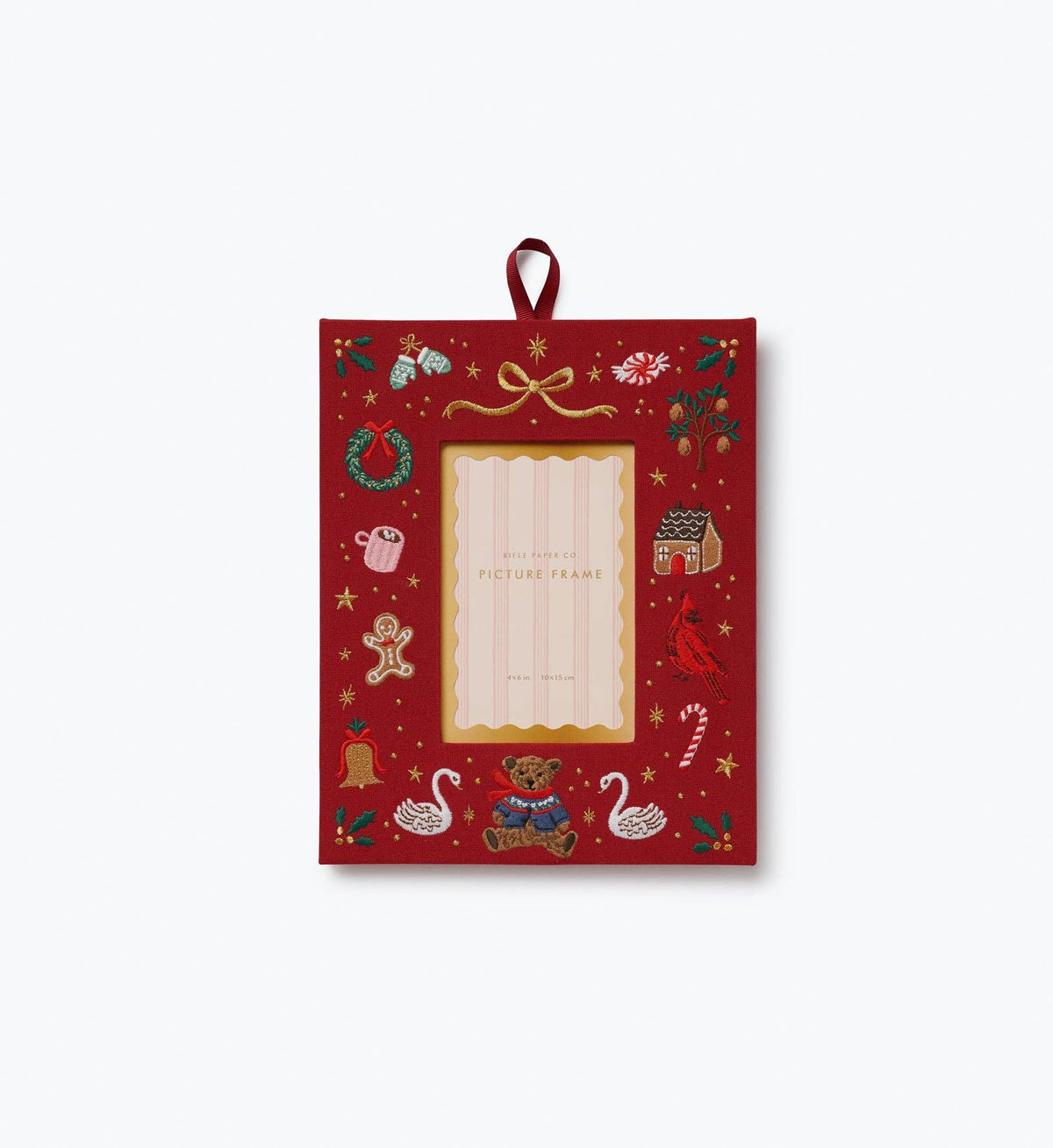Red Christmas embroidered picture frame with hanging ribbon and festive bear motifs