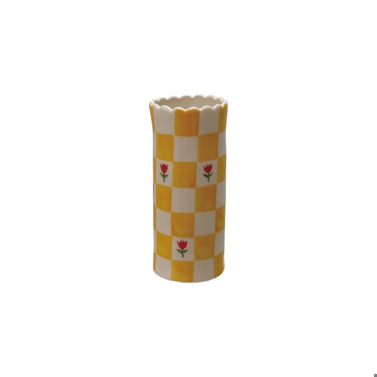Floral Checkered Stoneware Vase