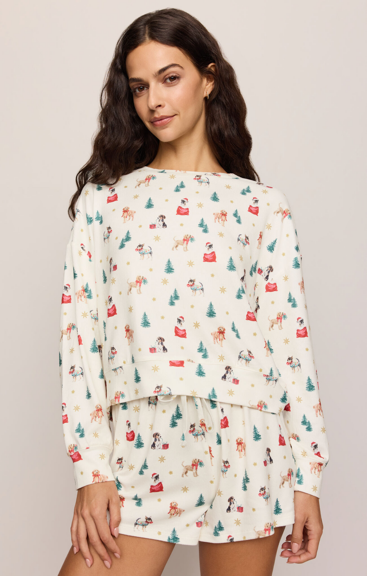 Long-sleeve top with animal and tree print, cream base, relaxed fit