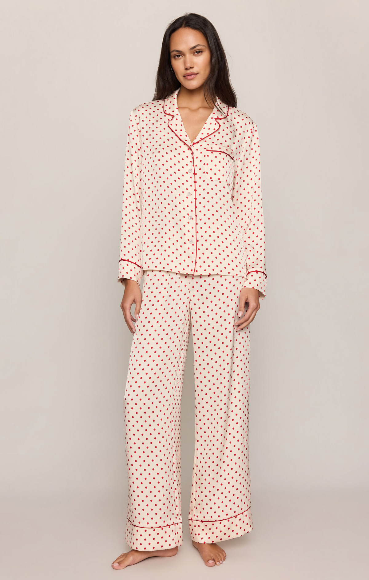 Two-piece pajama set, pink dot print button-front shirt with chest pocket and pants, front